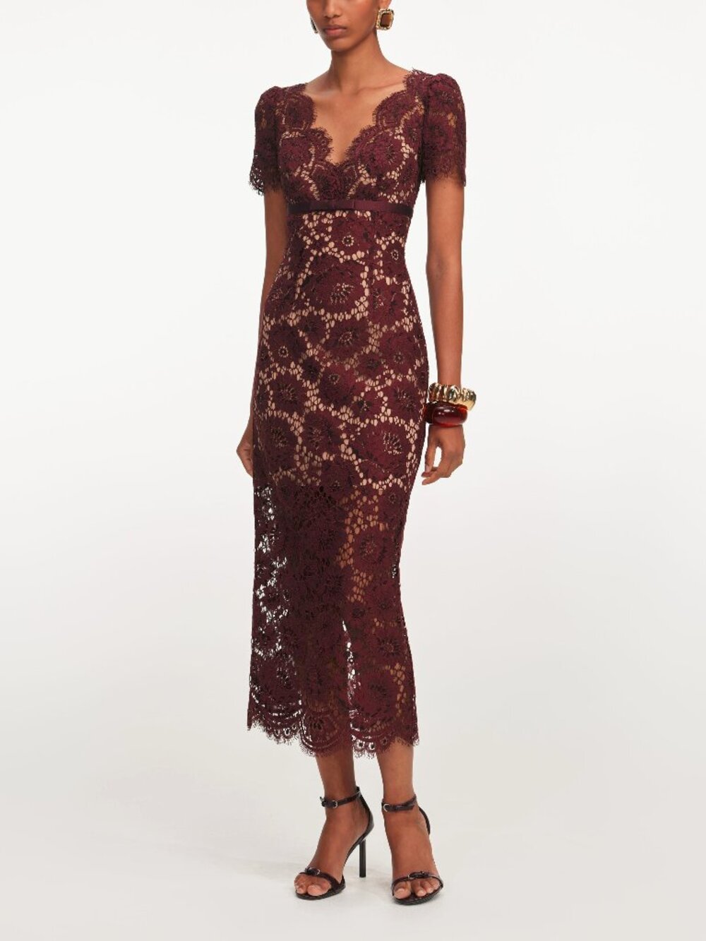 Self-Portrait AW25 Burgundy Floral Lace Midi Dress